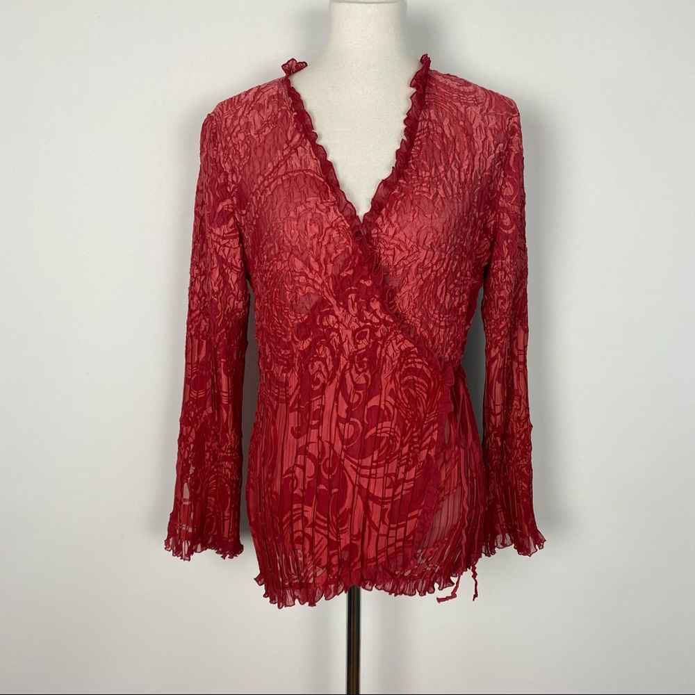 Komarov womens blouse wrap tie waist red stretch wrinkle Bell long sleeve